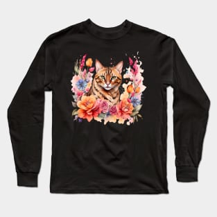 A bengal cat decorated with beautiful watercolor flowers Long Sleeve T-Shirt